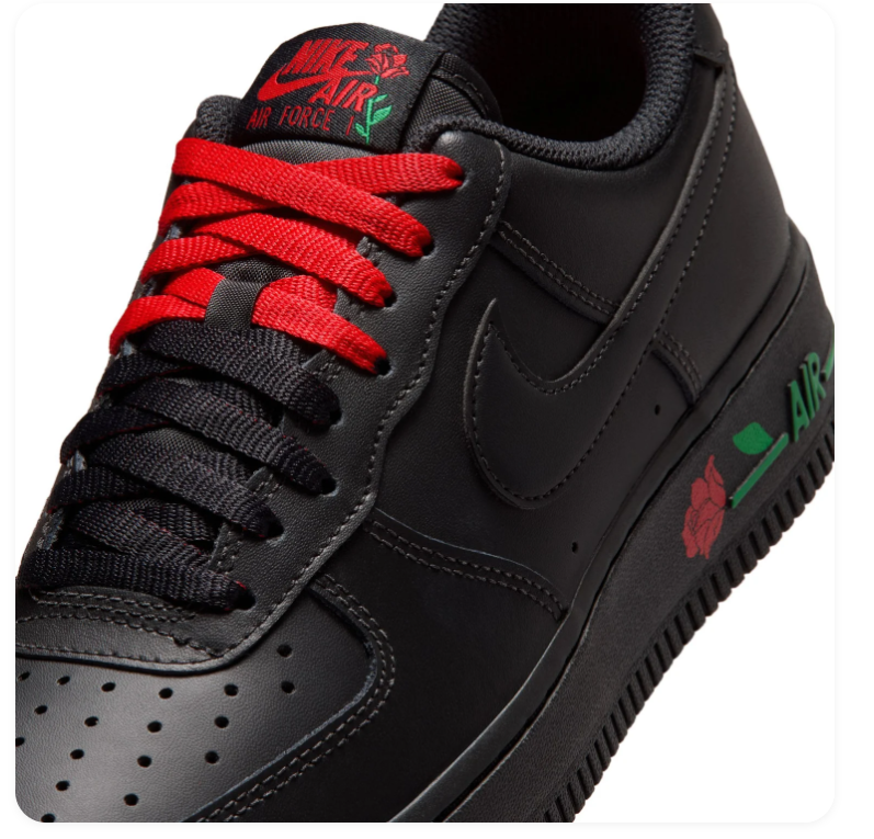 Nike Air Force 1 Low Sneakers – Black with Red Rose Details