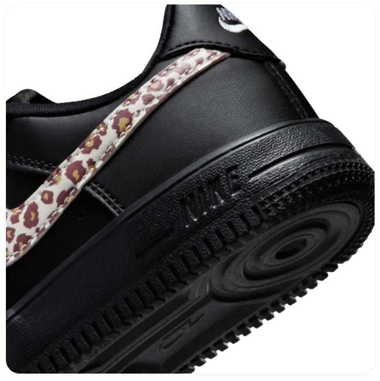 Nike Force 1 Low-Top Sneakers – Black with Leopard-Print Swoosh