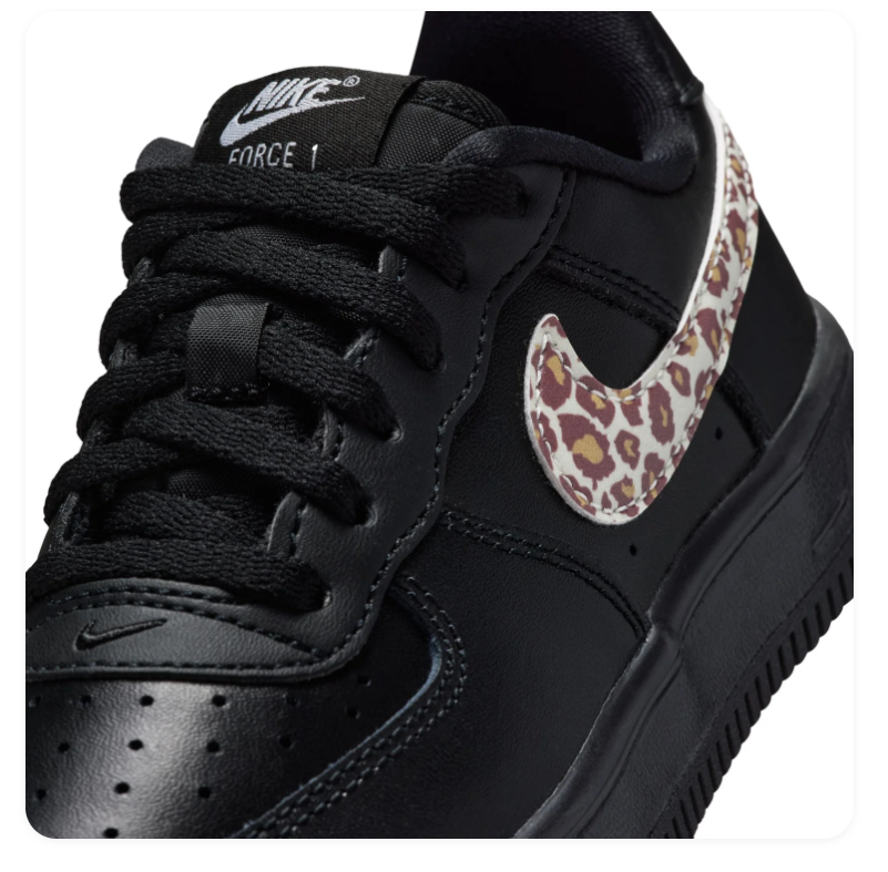 Nike Force 1 Low-Top Sneakers – Black with Leopard-Print Swoosh