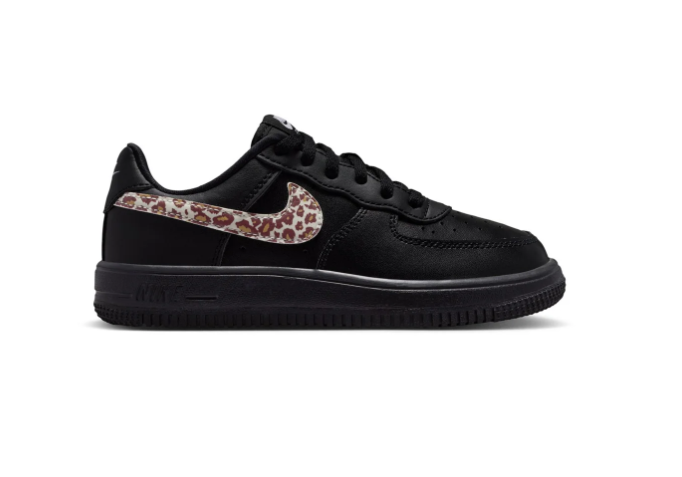 Nike Force 1 Low-Top Sneakers – Black with Leopard-Print Swoosh