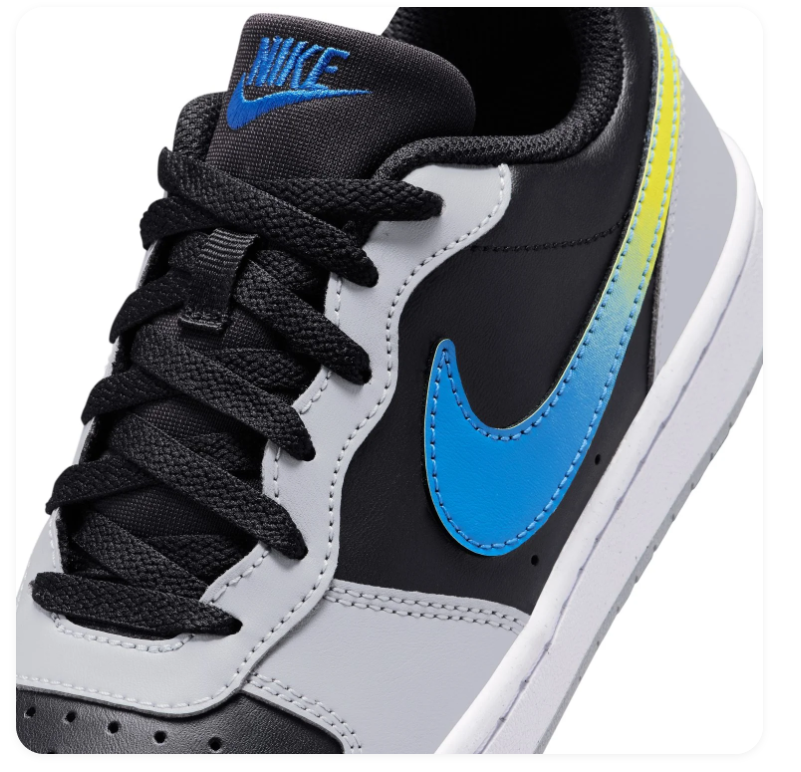 Nike Low-Top Sneakers – Black & Grey with Blue-to-Yellow Swoosh