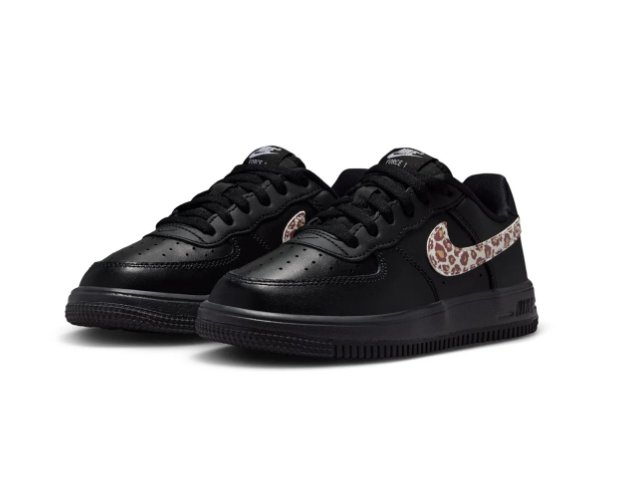 Nike Force 1 Low-Top Sneakers – Black with Leopard-Print Swoosh
