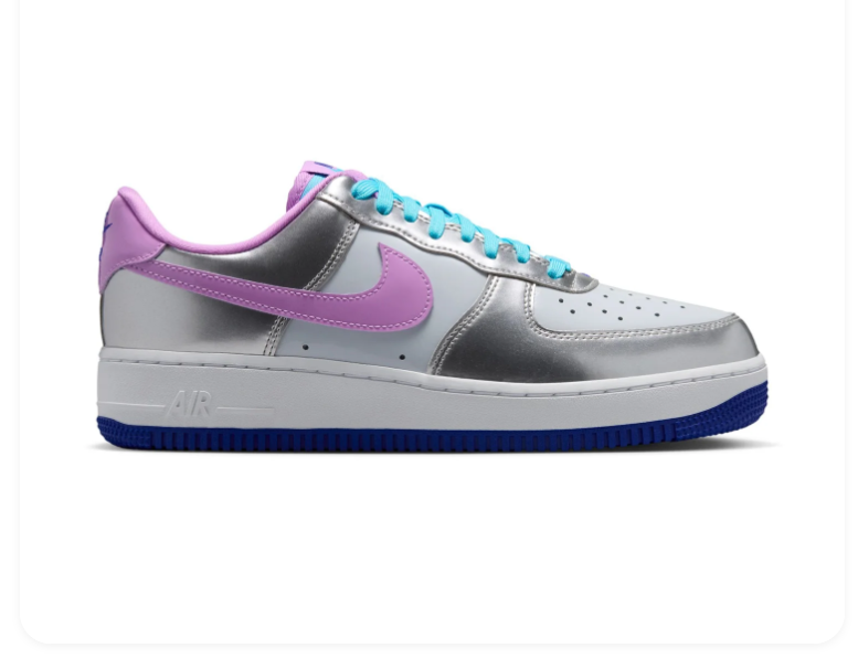 Nike Air Force 1 Low Sneakers – Metallic Silver, Lilac & Turquoise