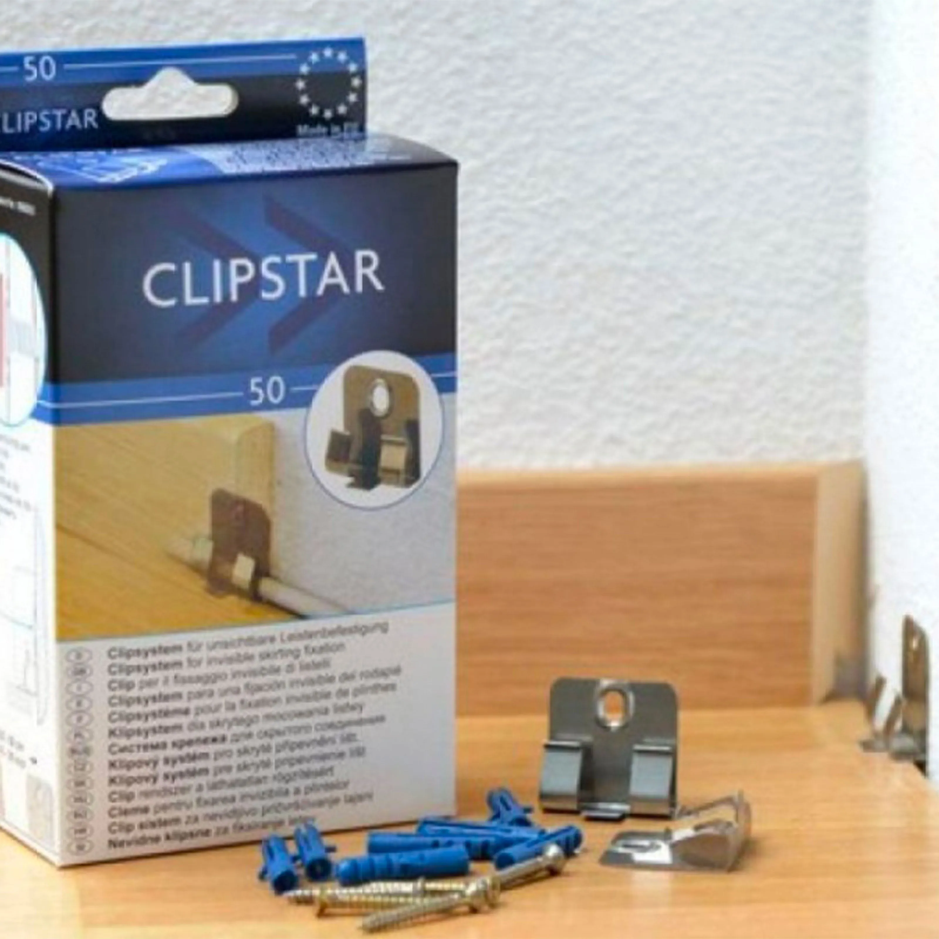 CLIPSTAR - 50 clip in metallo inclusi tasselli e viti per il fissaggio di battiscopa ispezionabile e senza colla