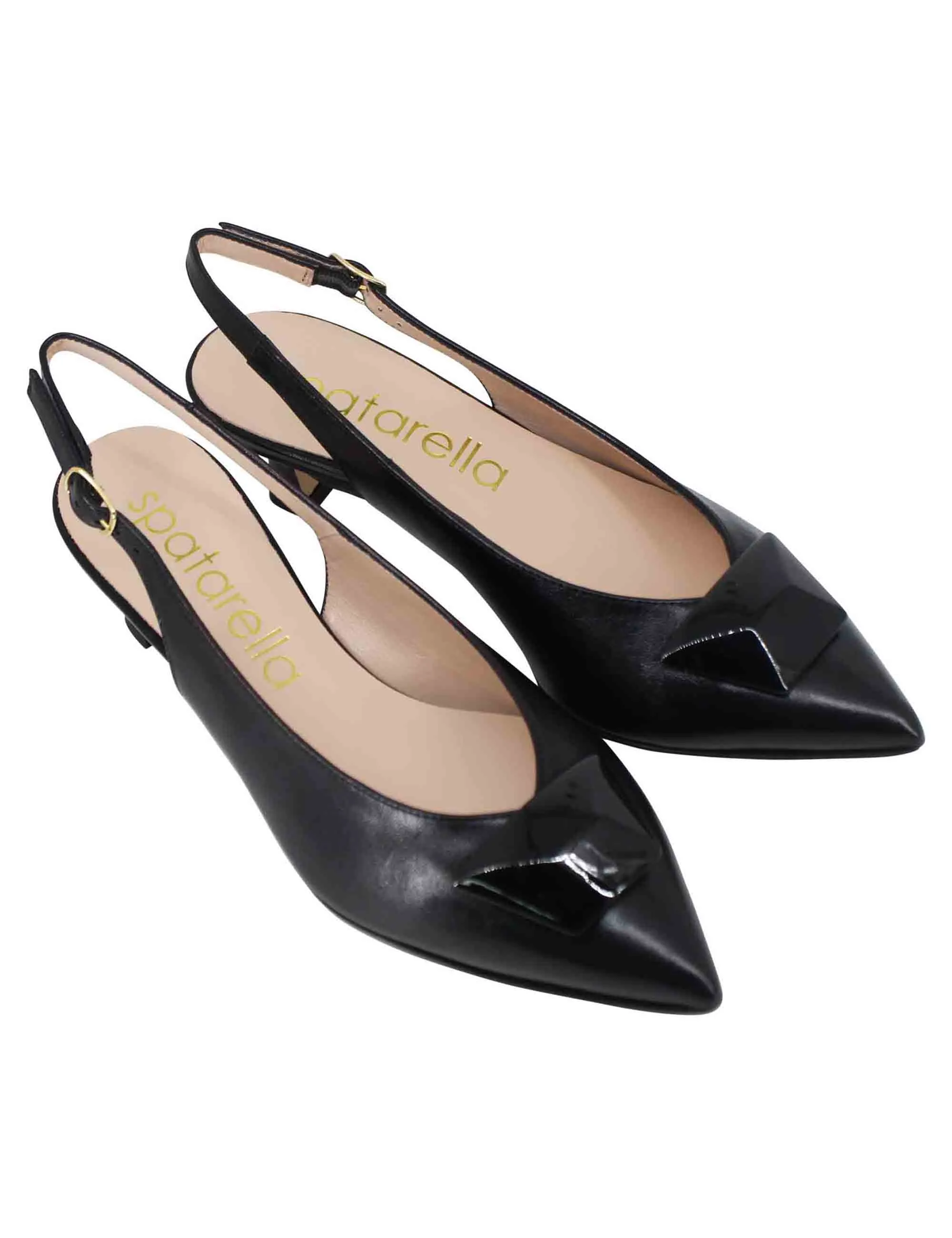 Decollete slingback donna in pelle nera con tacco basso ed accessorio in tinta