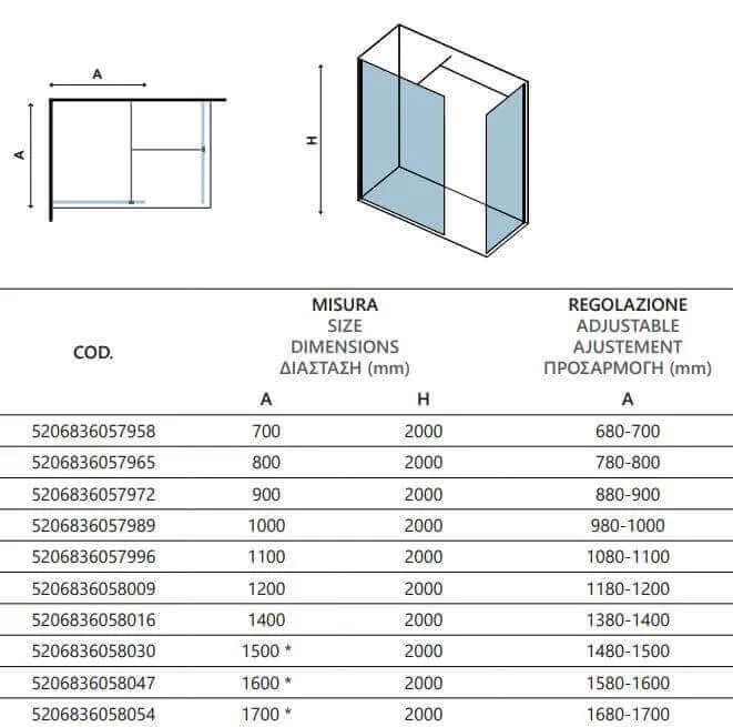 Doccia Walk in Due Pareti H200cm Anticalcare Profili Color Oro