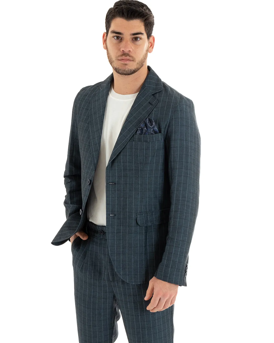 Giacca Uomo Lino Monopetto Quadri Blu Cerimonia Elegante Casual GIOSAL-G2851A