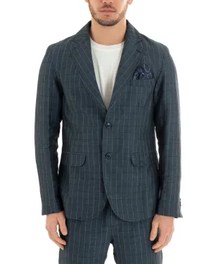 Giacca Uomo Lino Monopetto Quadri Blu Cerimonia Elegante Casual GIOSAL-G2851A