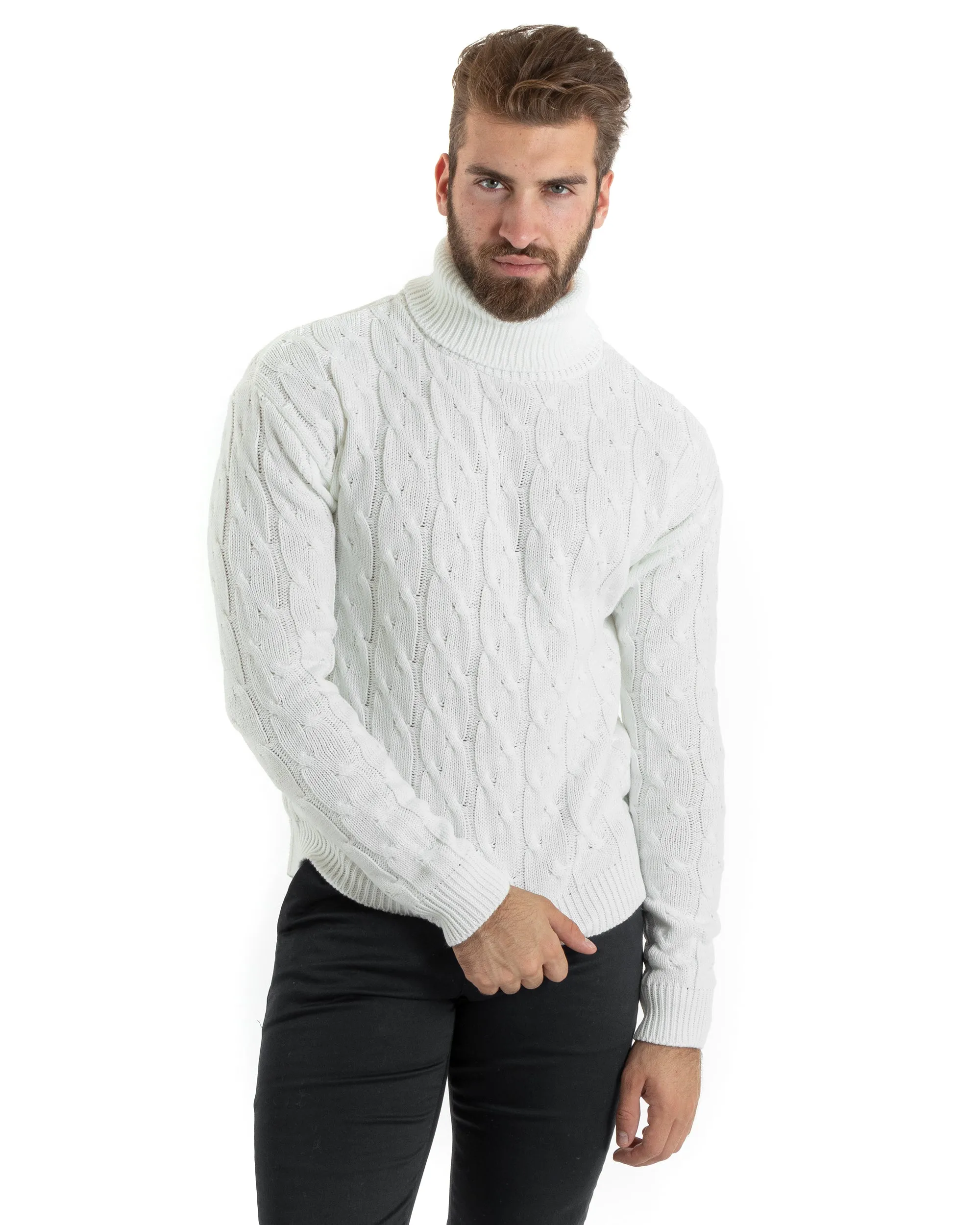 Maglioncino Uomo Collo Alto Maglia Inglese Con Trecce Panna Pullover Dolcevita GIOSAL-M2711A