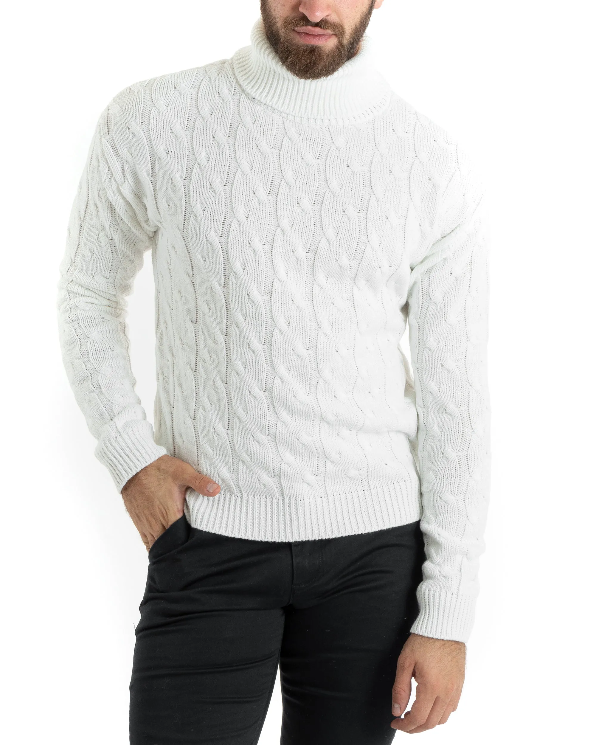 Maglioncino Uomo Collo Alto Maglia Inglese Con Trecce Panna Pullover Dolcevita GIOSAL-M2711A