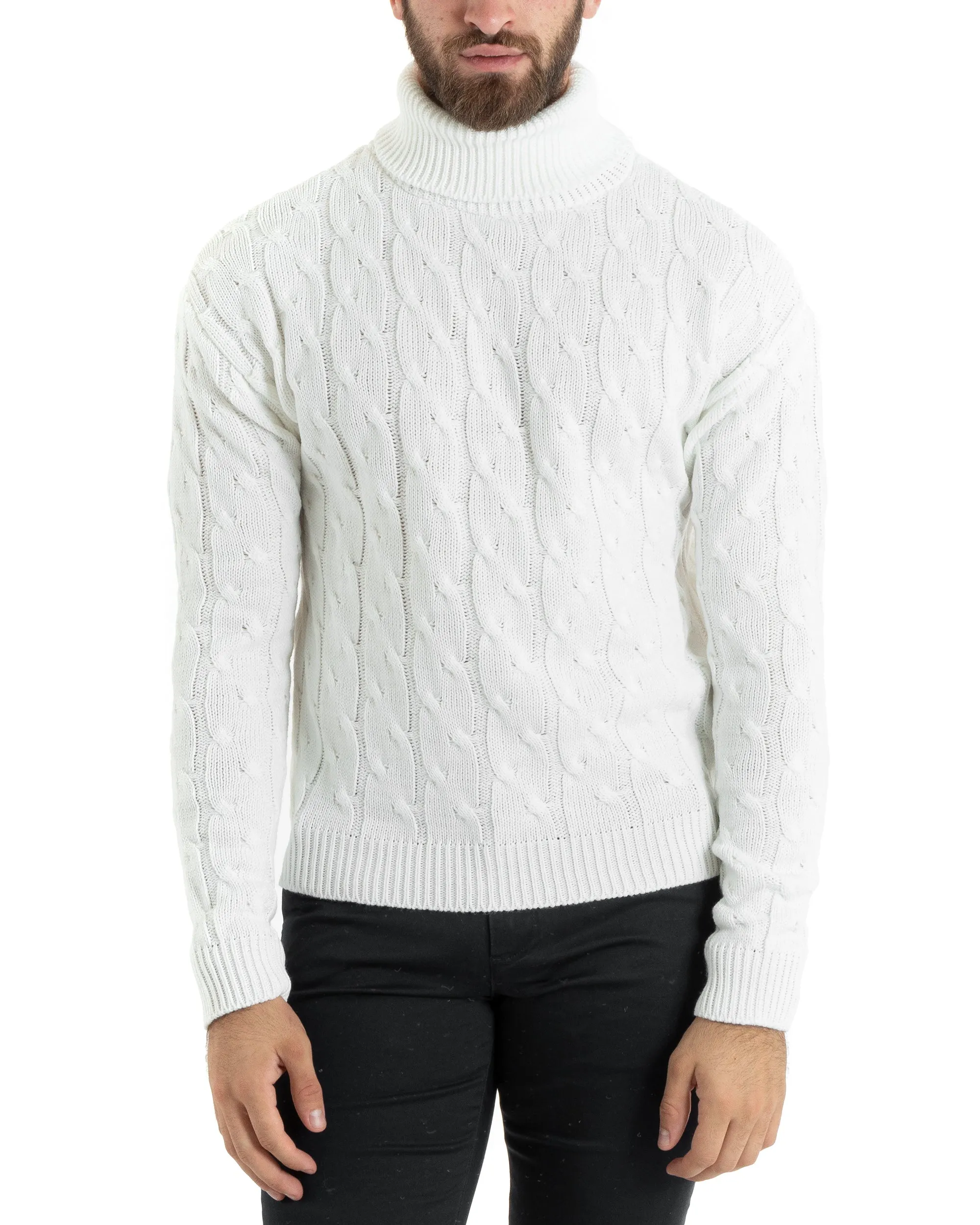 Maglioncino Uomo Collo Alto Maglia Inglese Con Trecce Panna Pullover Dolcevita GIOSAL-M2711A