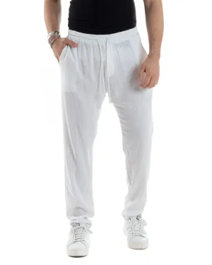 Pantaloni Uomo Lino Pantalaccio Lungo Elastico Regular Fit Tinta Unita Bianco Casual GIOSAL-P6095A