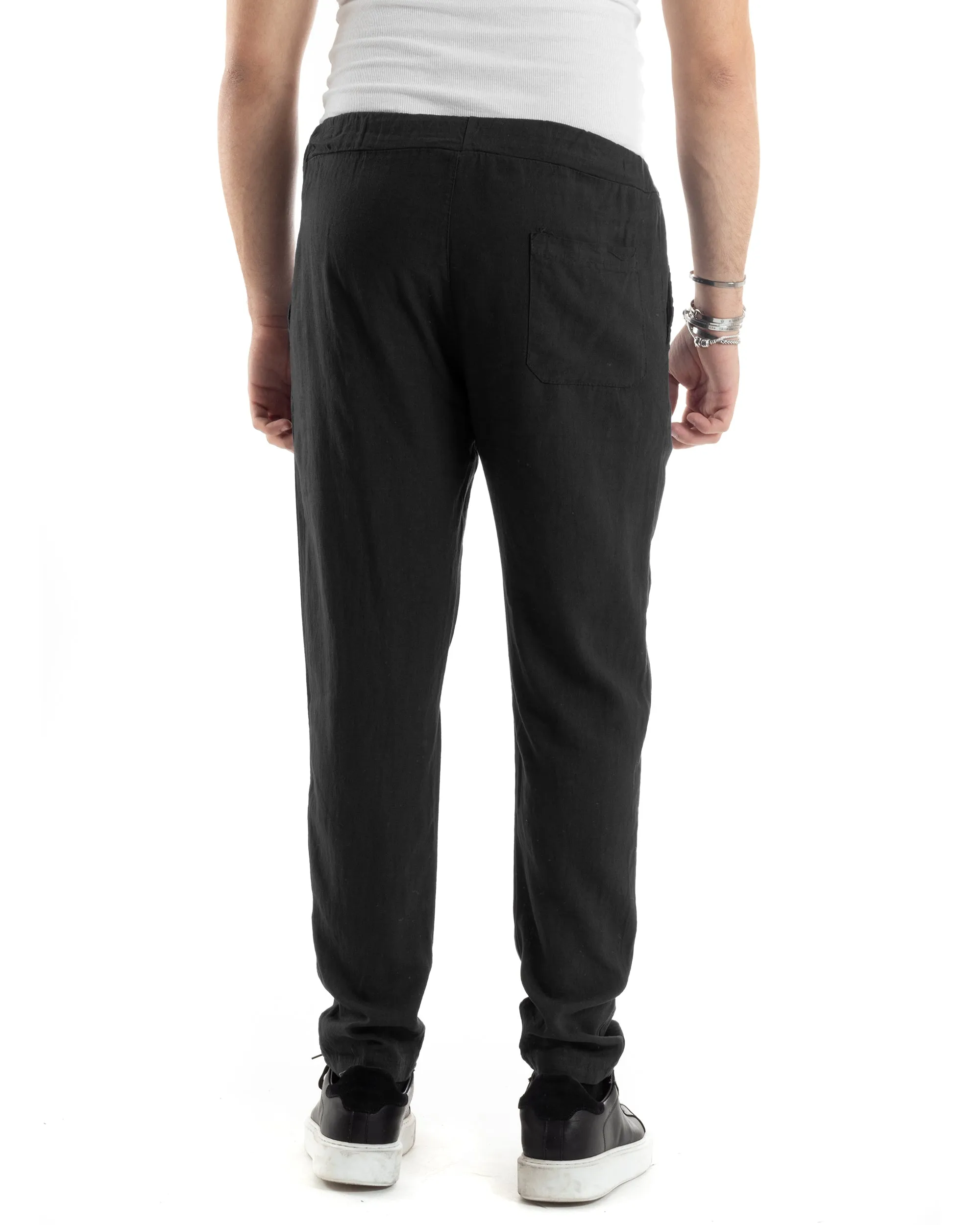 Pantaloni Uomo Lino Pantalaccio Lungo Elastico Regular Fit Tinta Unita Nero Casual GIOSAL-P6096A