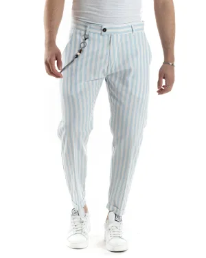 Pantaloni Uomo Lino Tasca America Classico Abbottonatura Allungata Casual Sartoriale Rigato Gessato Celeste GIOSAL-P6080A