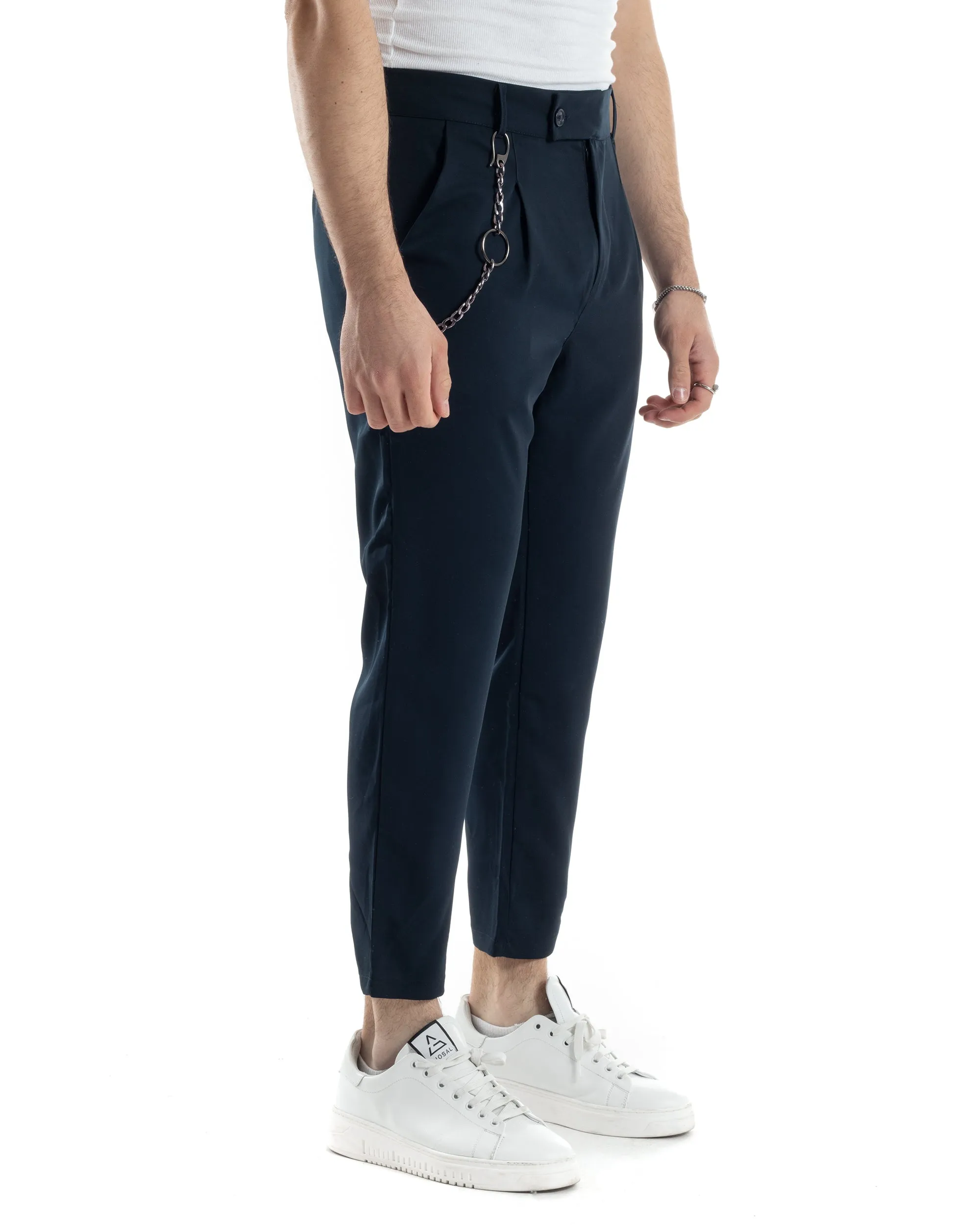 Pantaloni Uomo Tasca America Viscosa Abbottonatura Allungata Capri Casual Blu GIOSAL-P6059A