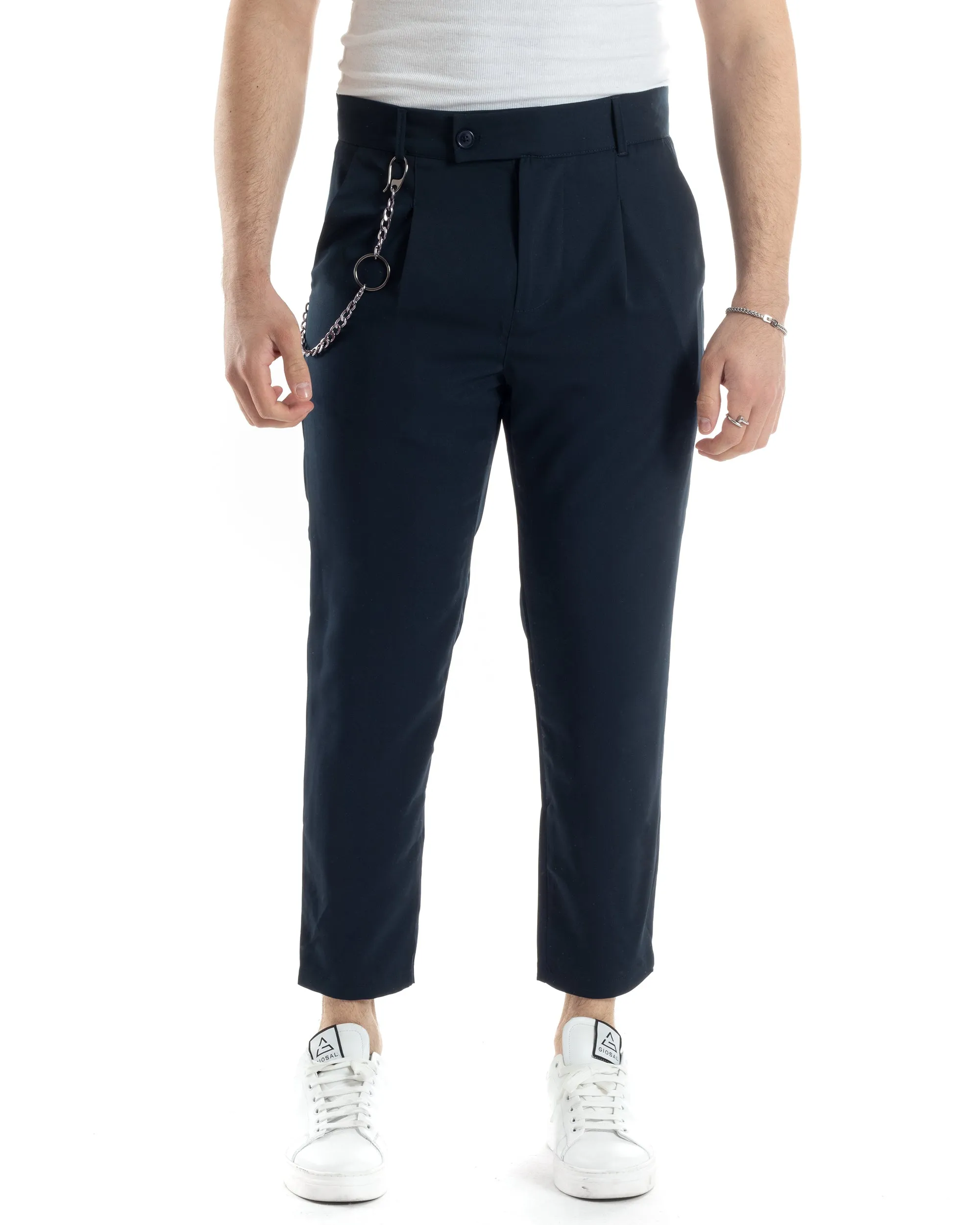 Pantaloni Uomo Tasca America Viscosa Abbottonatura Allungata Capri Casual Blu GIOSAL-P6059A