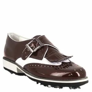 Scarpe con fibbia da golf uomo in pelle bianca e vernice bordeaux