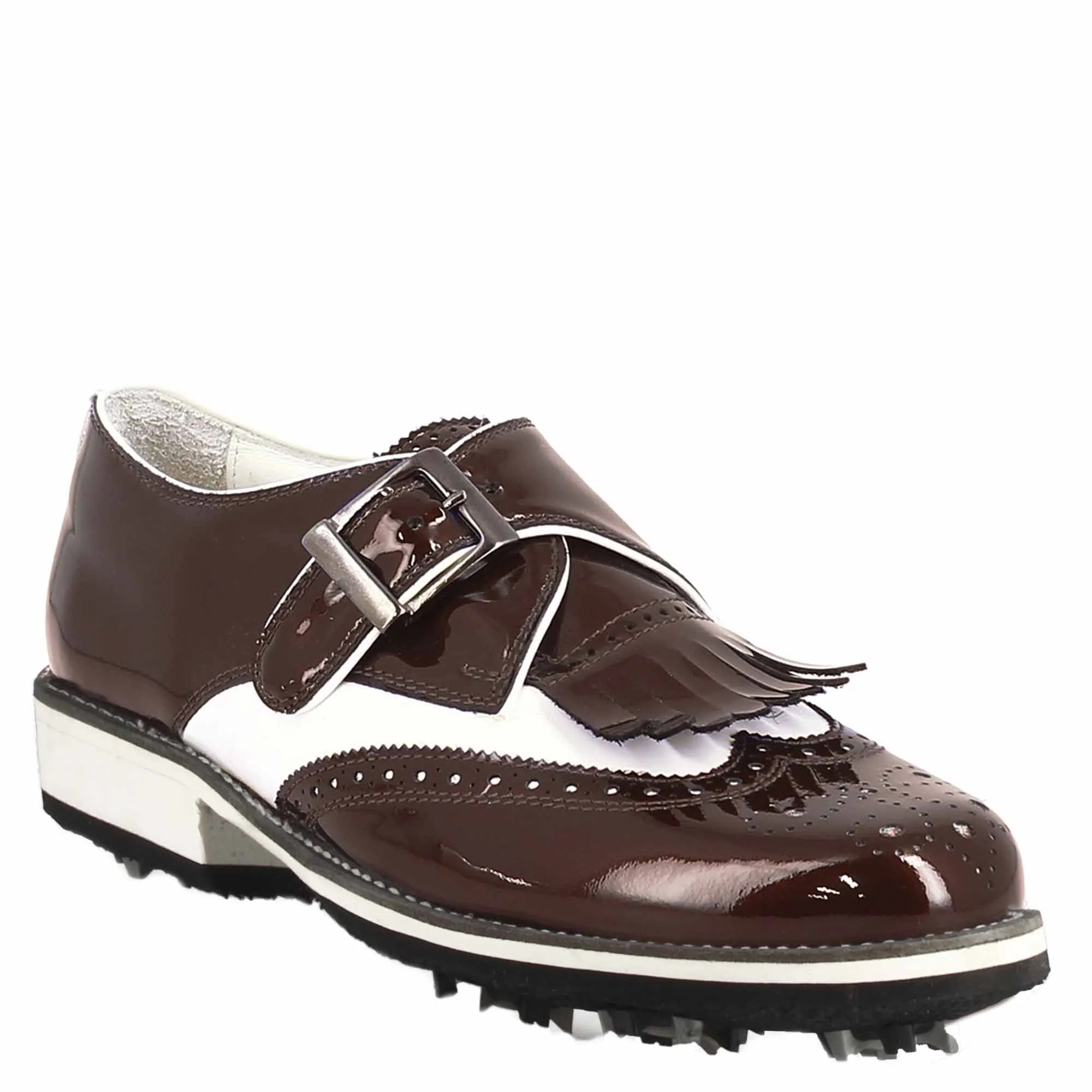 Scarpe con fibbia da golf uomo in pelle bianca e vernice bordeaux